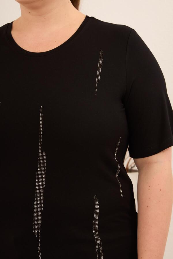 Dikey Taş Baskıl Kadın Büyük Beden Tişört Siyah - 2