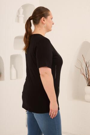 Dikey Taş Baskıl Kadın Büyük Beden Tişört Siyah - 3