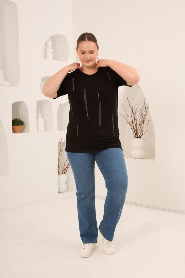 Dikey Taş Baskıl Kadın Büyük Beden Tişört Siyah - 4