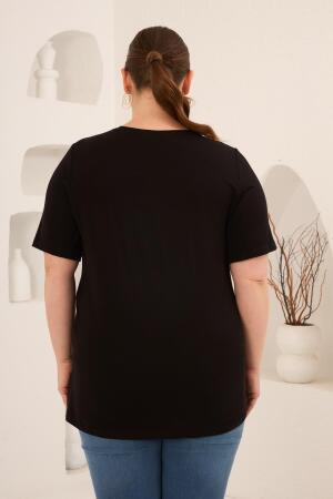 Dikey Taş Baskıl Kadın Büyük Beden Tişört Siyah - 5