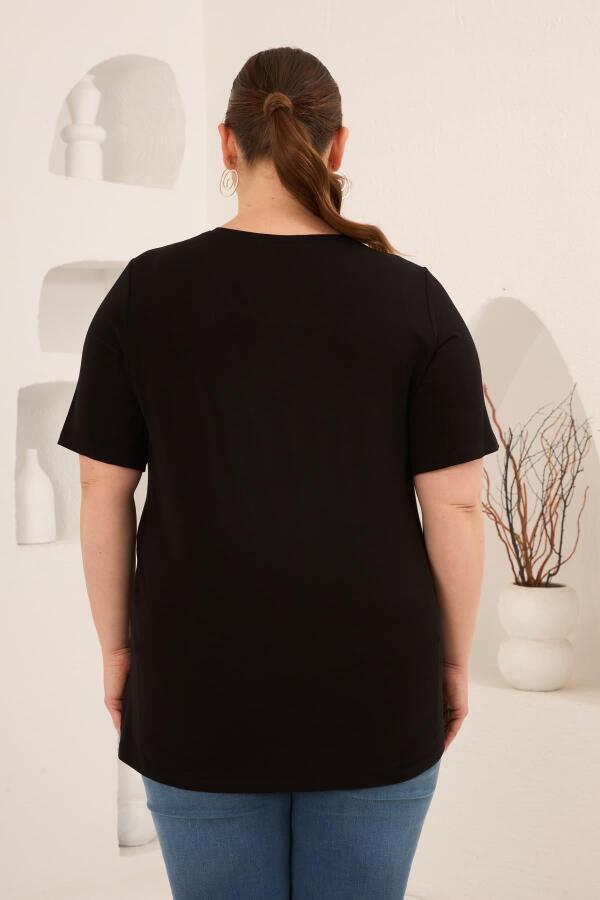 Dikey Taş Baskıl Kadın Büyük Beden Tişört Siyah - 5