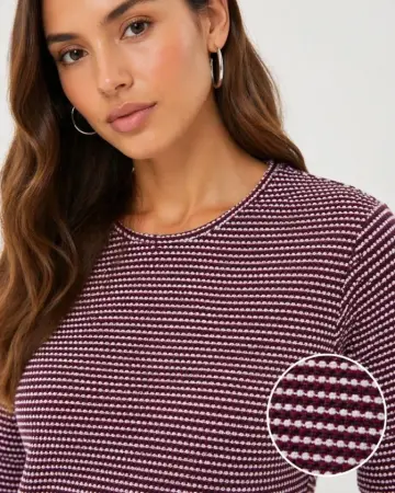 Dokulu Çizgili Uzun Kollu Tişört Oval Kesim Basic Rahat Kalıp Bluz - Bordo - 1