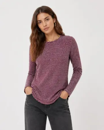 Dokulu Çizgili Uzun Kollu Tişört Oval Kesim Basic Rahat Kalıp Bluz - Bordo - 3