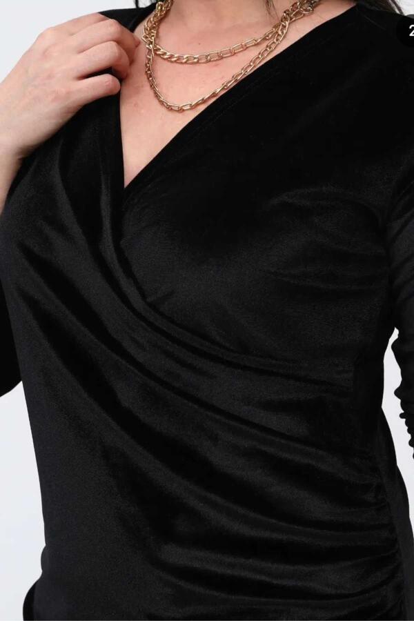 Double Breasted Collar Plus Size Velvet Dress Black - 4
