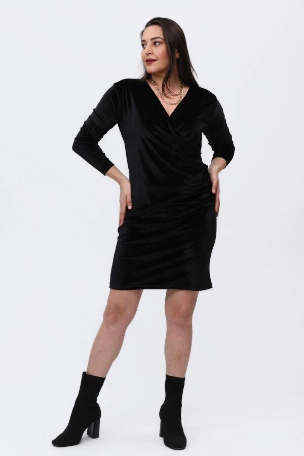 Double Breasted Collar Plus Size Velvet Dress Black - 1