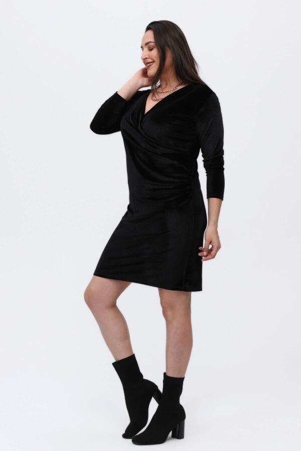 Double Breasted Collar Plus Size Velvet Dress Black - 2