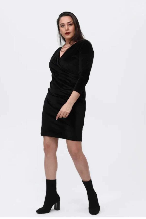 Double Breasted Collar Plus Size Velvet Dress Black - 3