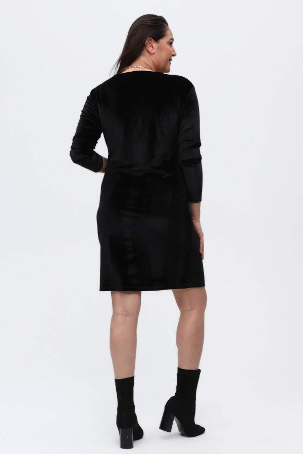 Double Breasted Collar Plus Size Velvet Dress Black - 5