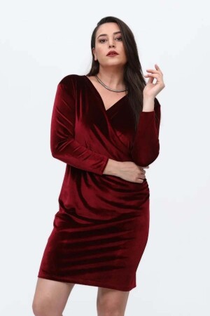 Double Breasted Neck Plus Size Velvet Dress Claret Red - 2