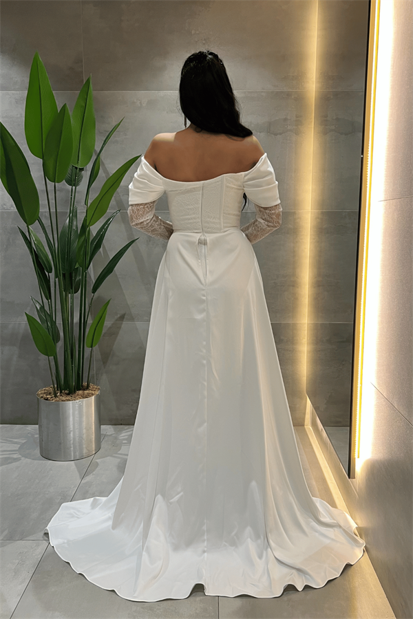 Double Kumaş Balenli Saten Detaylı Abiye Elbise - BEYAZ - 5