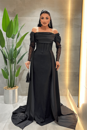 Double Kumaş Balenli Saten Detaylı Abiye Elbise - SİYAH - Angelino Moda