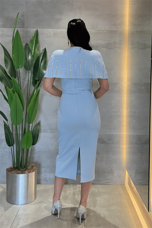 Double Kumaş Bolero Detaylı Kalem Elbise - BEBE MAVİSİ - 5