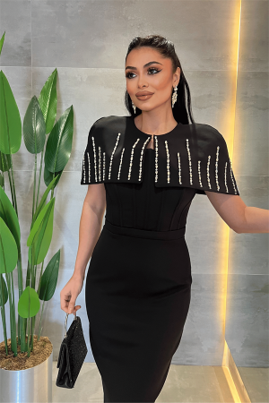 Double Kumaş Bolero Detaylı Kalem Elbise - SİYAH - 3