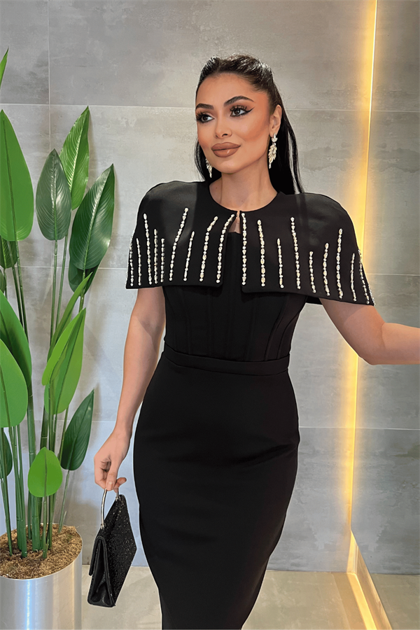 Double Kumaş Bolero Detaylı Kalem Elbise - SİYAH - 3