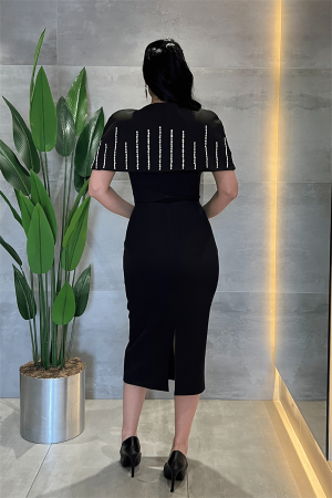 Double Kumaş Bolero Detaylı Kalem Elbise - SİYAH - 5