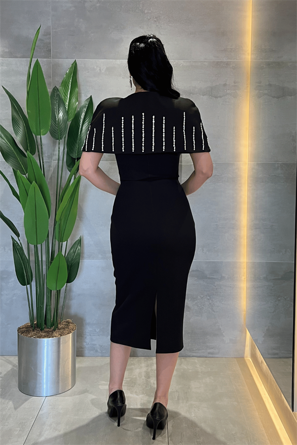 Double Kumaş Bolero Detaylı Kalem Elbise - SİYAH - 5