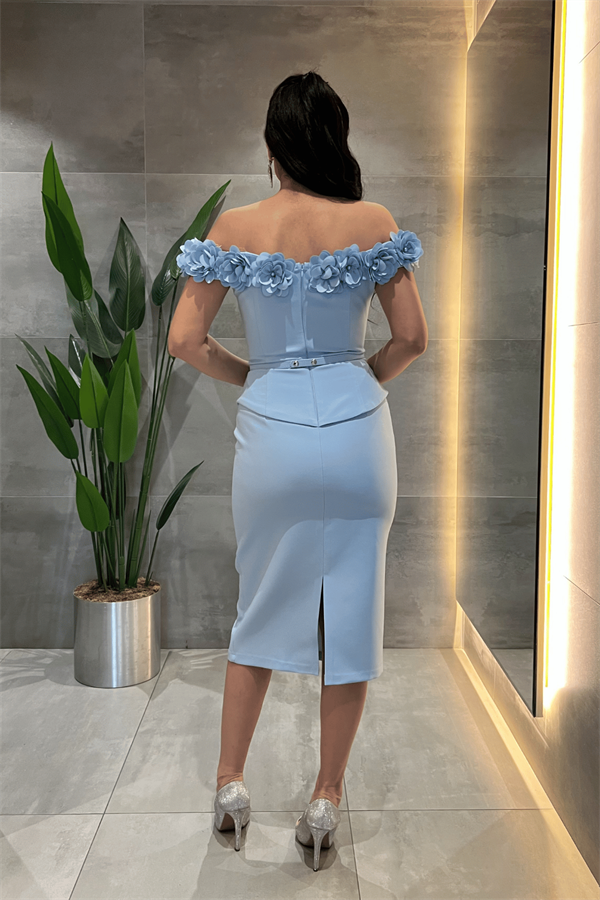 Double Kumaş Çiçek Detaylı Kalem Elbise - BEBE MAVİSİ - 5