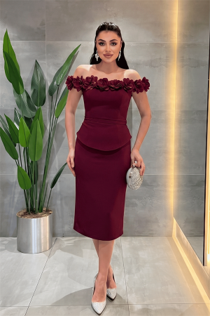 Double Kumaş Çiçek Detaylı Kalem Elbise - BORDO - 1
