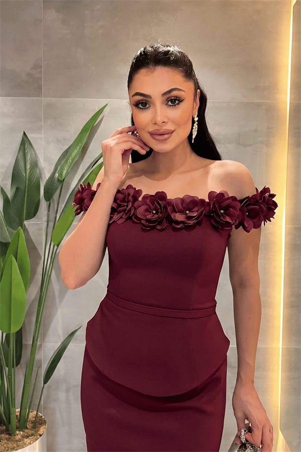 Double Kumaş Çiçek Detaylı Kalem Elbise - BORDO - 2