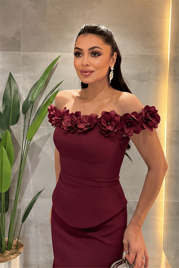 Double Kumaş Çiçek Detaylı Kalem Elbise - BORDO - 3