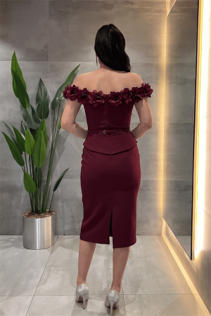 Double Kumaş Çiçek Detaylı Kalem Elbise - BORDO - 4
