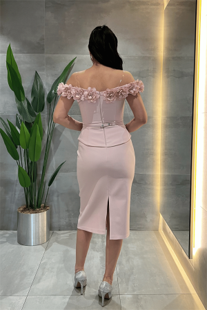 Double Kumaş Çiçek Detaylı Kalem Elbise - PUDRA - 5