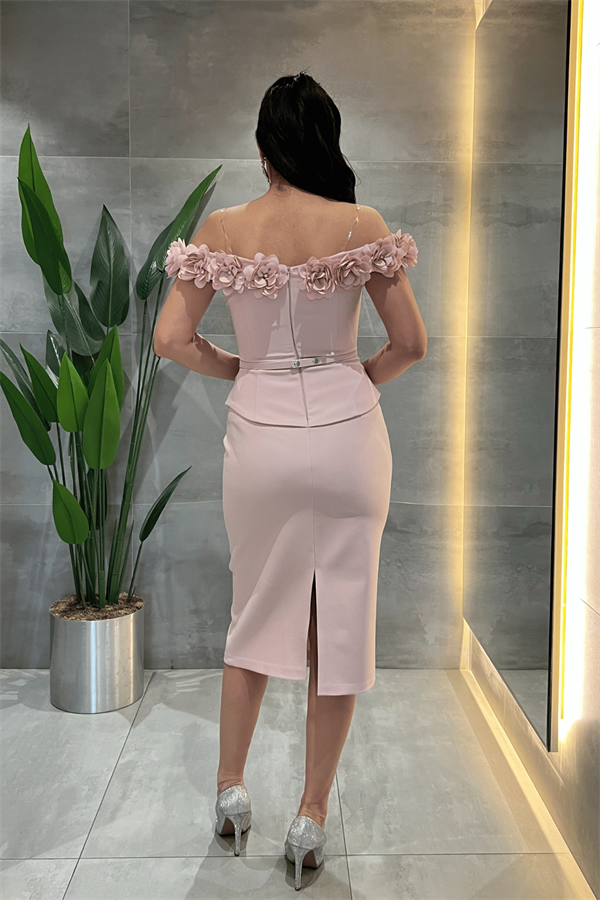 Double Kumaş Çiçek Detaylı Kalem Elbise - PUDRA - 5