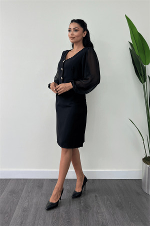 Double Kumaş Düğme Detaylı Kolları Şifon Kalem Elbise - SİYAH - Angelino Moda