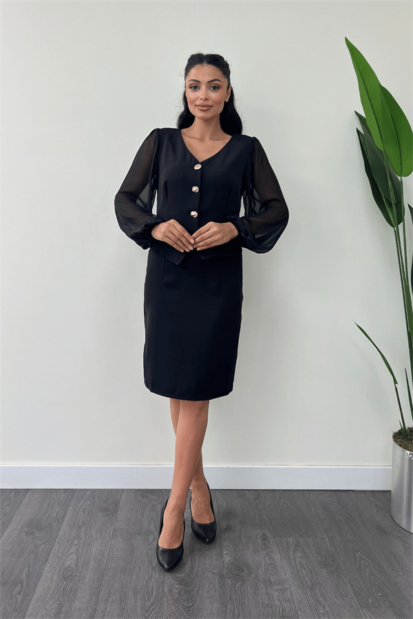 Double Kumaş Düğme Detaylı Kolları Şifon Kalem Elbise - SİYAH - 2