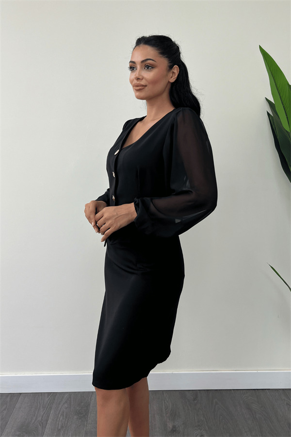 Double Kumaş Düğme Detaylı Kolları Şifon Kalem Elbise - SİYAH - 3