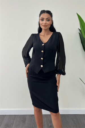 Double Kumaş Düğme Detaylı Kolları Şifon Kalem Elbise - SİYAH - 4