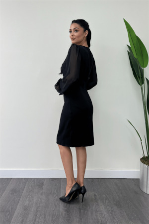 Double Kumaş Düğme Detaylı Kolları Şifon Kalem Elbise - SİYAH - 5