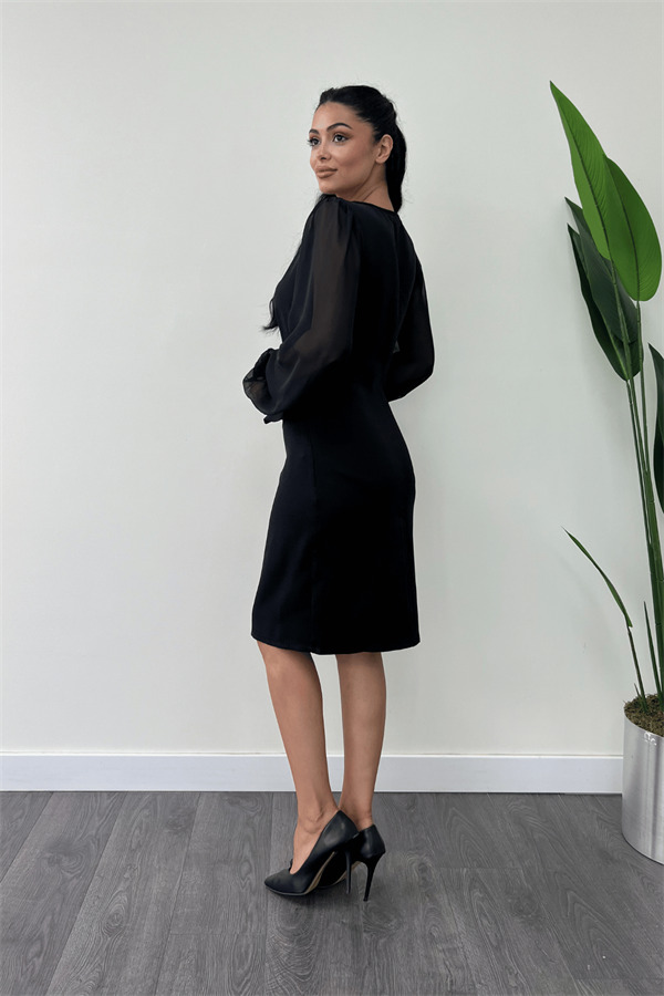 Double Kumaş Düğme Detaylı Kolları Şifon Kalem Elbise - SİYAH - 5