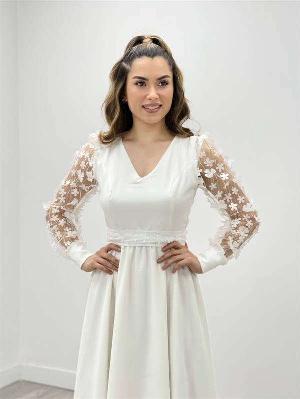 Double Kumaş Kolları 3 Boyutlu Çiçekli Elbise - Beyaz - 4