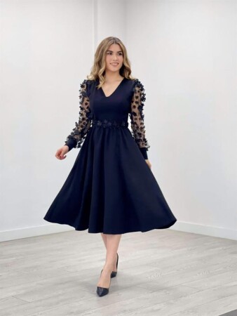 Double Fabric Sleeves 3D Floral Dress - Black - Angelino Moda (1)