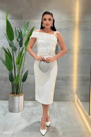 Double Kumaş Organze Çiçek Detaylı Kalem Elbise - BEYAZ - Angelino Moda