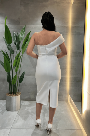 Double Kumaş Organze Çiçek Detaylı Kalem Elbise - BEYAZ - 5