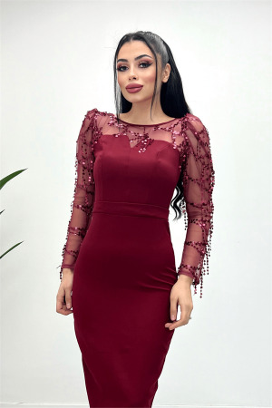 Double Fabric Sequin Fringed Dress - Claret Red - Angelino Moda