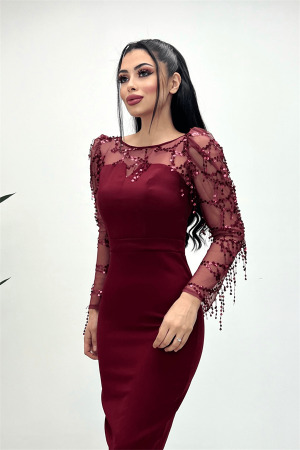 Double Fabric Sequin Fringed Dress - Claret Red - Angelino Moda (1)