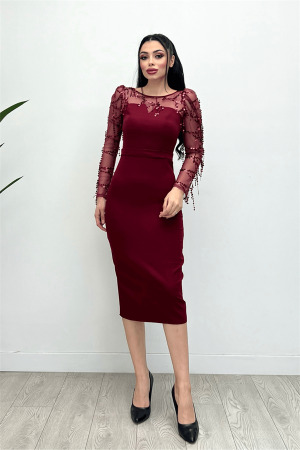 Double Kumaş Pul Saçaklı Elbise - Bordo - 4