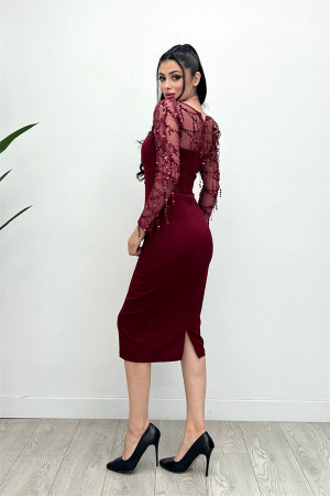 Double Kumaş Pul Saçaklı Elbise - Bordo - 8