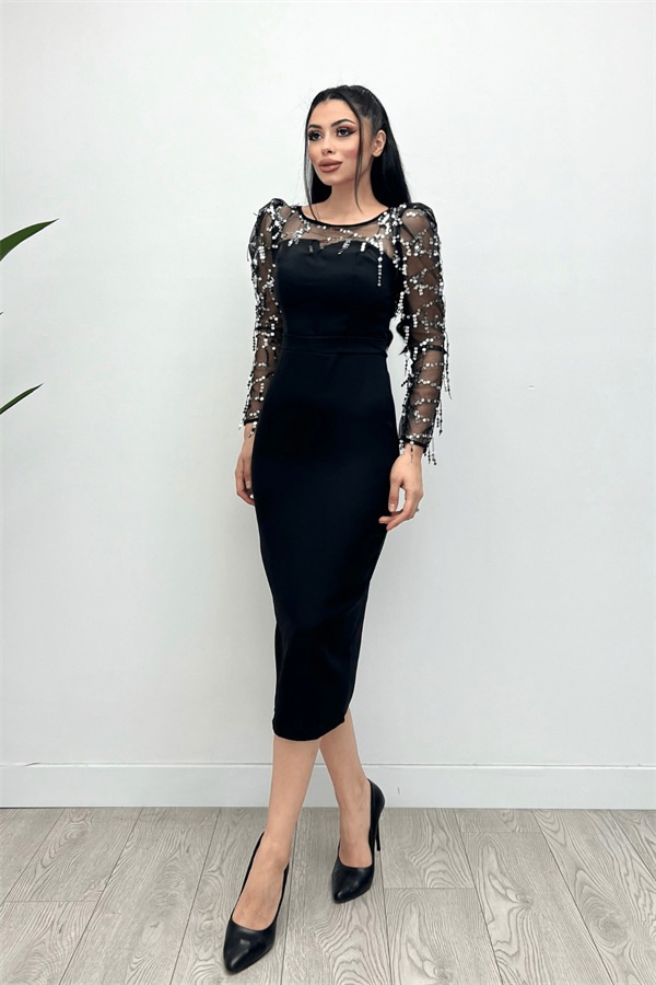 Double Kumaş Pul Saçaklı Elbise - Gümüş - 3