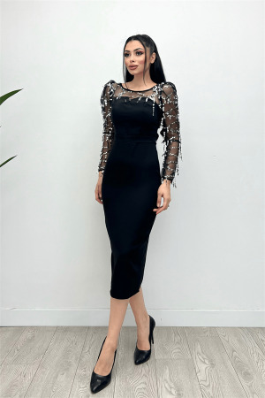 Double Kumaş Pul Saçaklı Elbise - Gümüş - 4