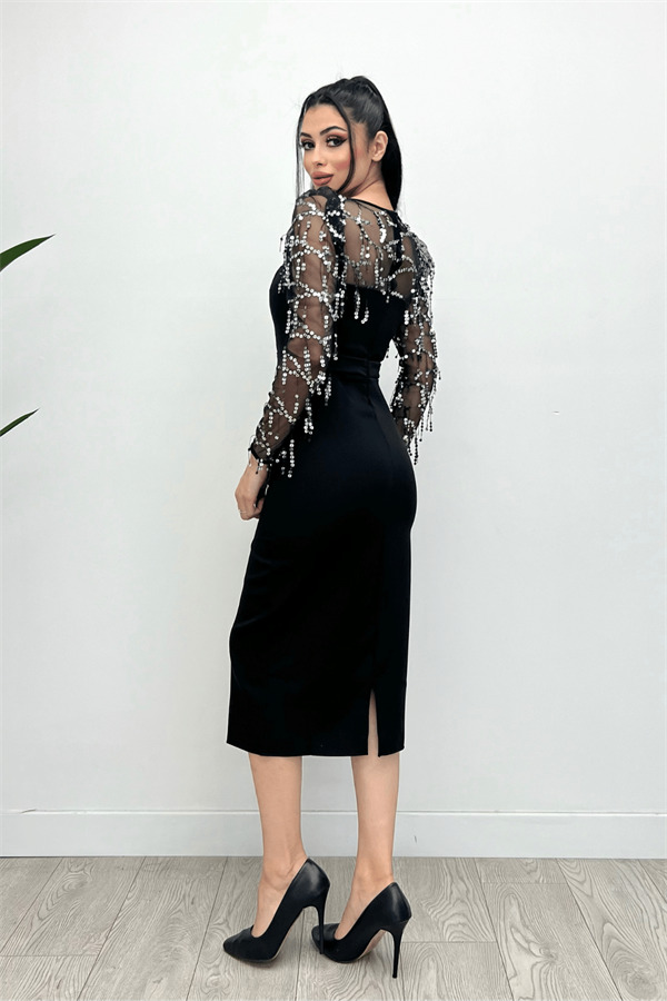 Double Kumaş Pul Saçaklı Elbise - Gümüş - 7