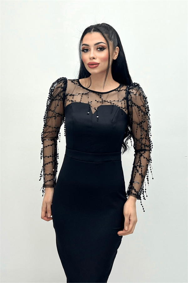 Double Kumaş Pul Saçaklı Elbise - Siyah - 1