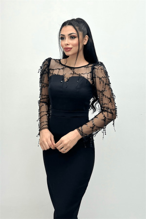 Double Fabric Sequin Fringed Dress - Black - Angelino Moda (1)