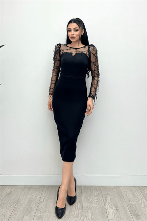 Double Kumaş Pul Saçaklı Elbise - Siyah - 4