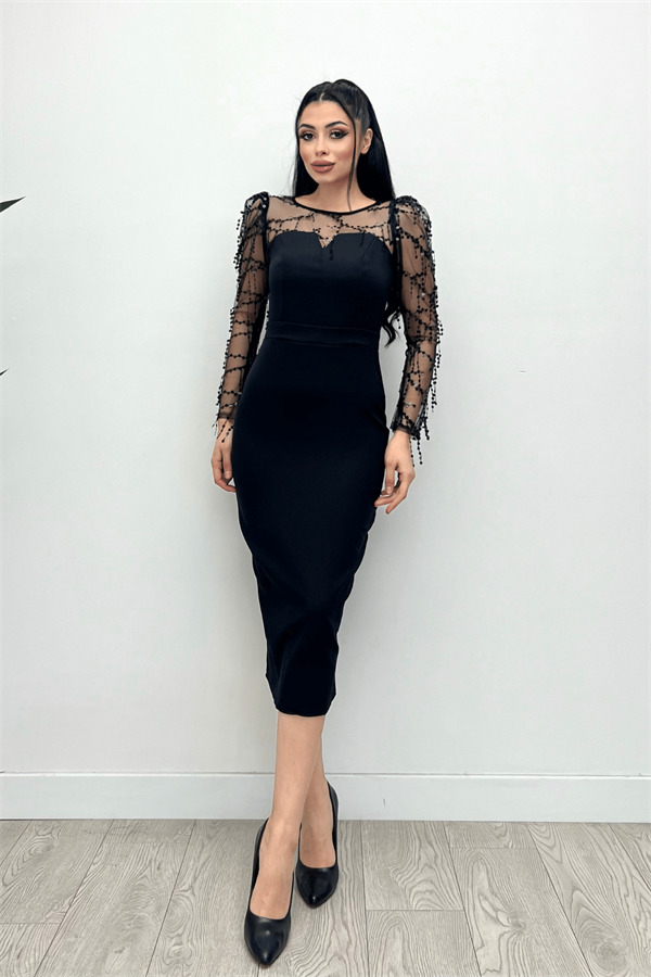 Double Kumaş Pul Saçaklı Elbise - Siyah - 4