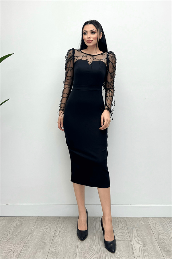 Double Kumaş Pul Saçaklı Elbise - Siyah - 6