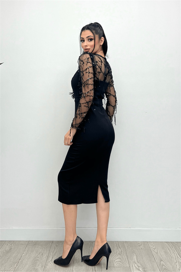 Double Kumaş Pul Saçaklı Elbise - Siyah - 7